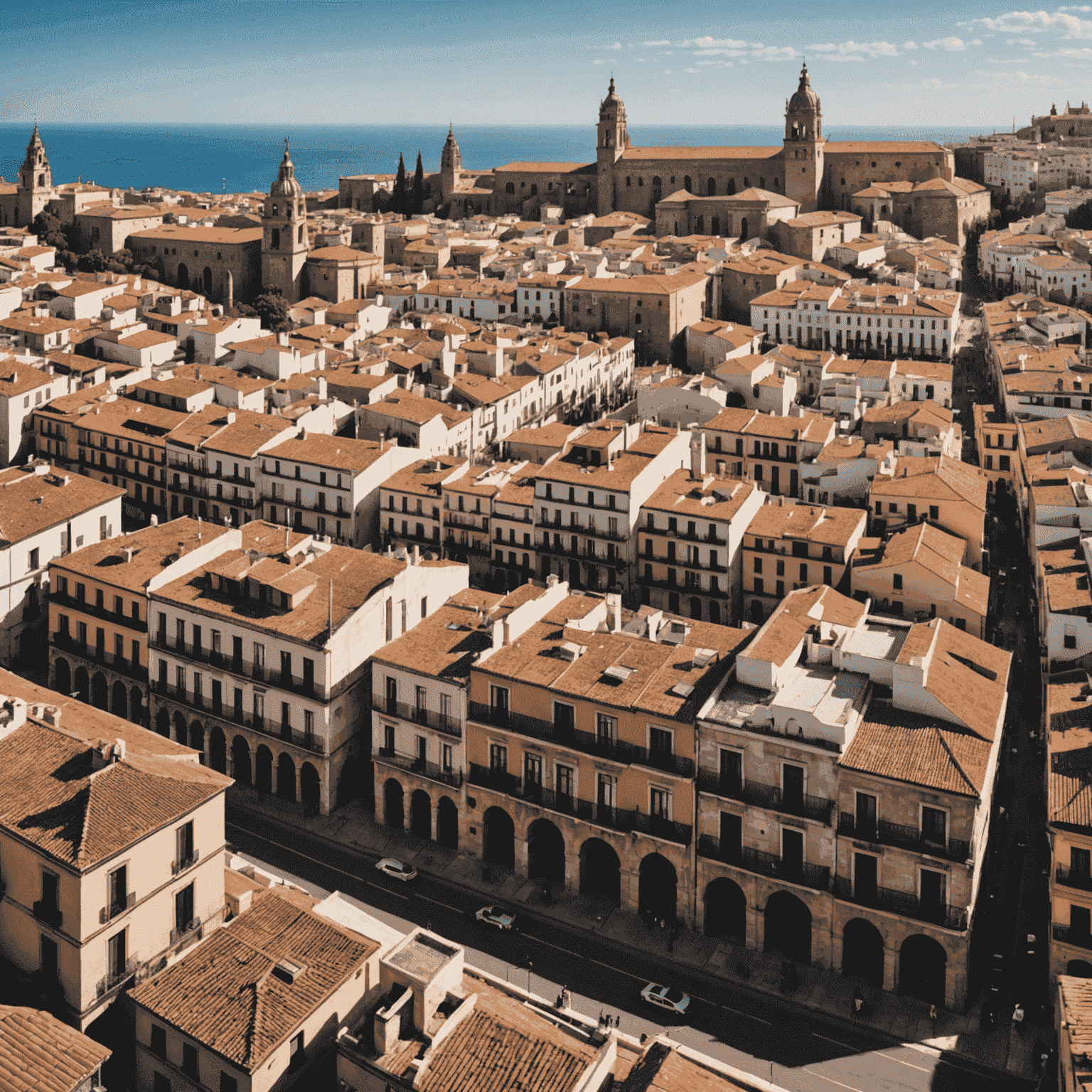 Vista panorámica de una ciudad española con arquitectura tradicional y moderna, simbolizando la fusión de la cultura local con el mundo digital del blogging