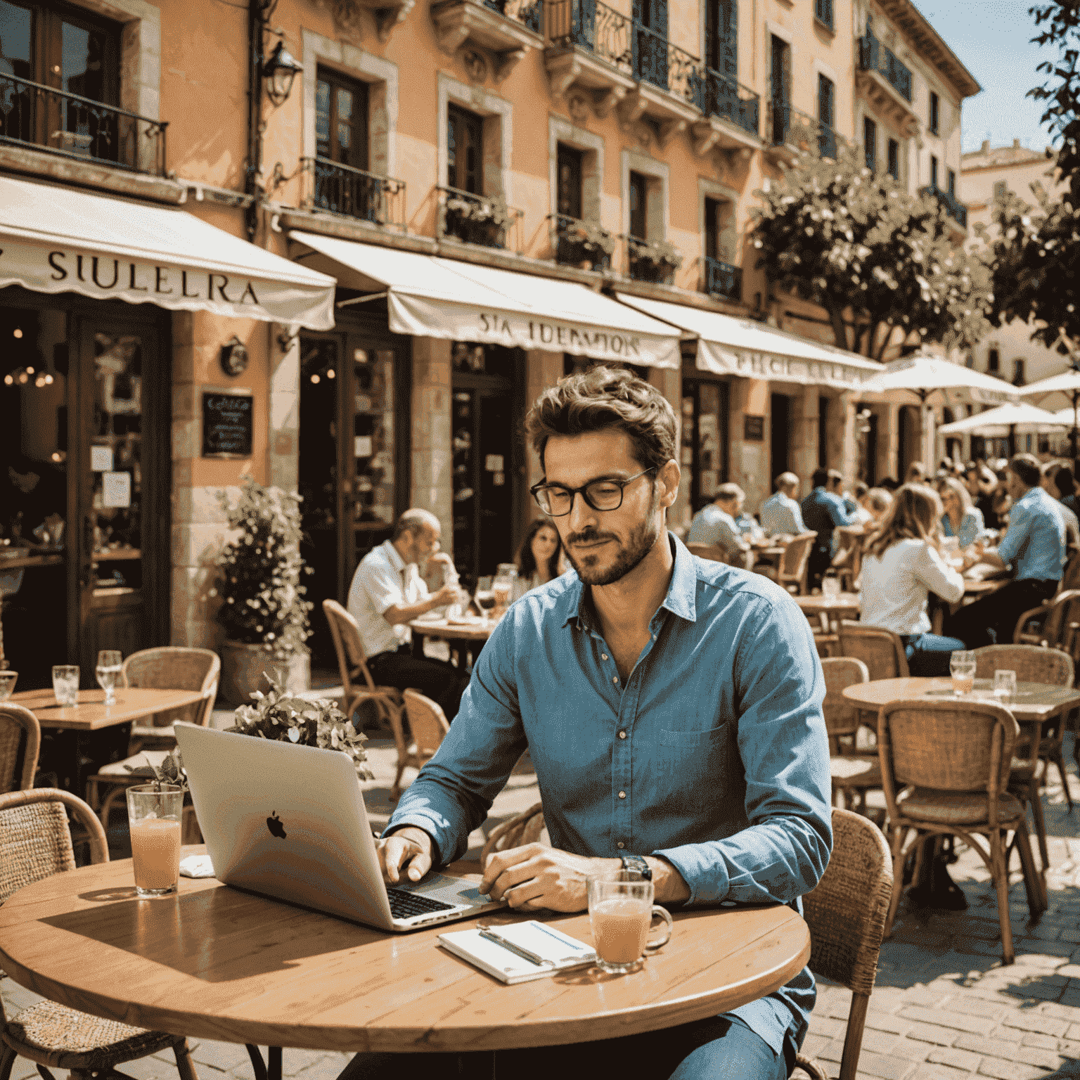 Imagen de un blogger trabajando en un café al aire libre en una plaza española, representando el equilibrio entre trabajo y estilo de vida mediterráneo