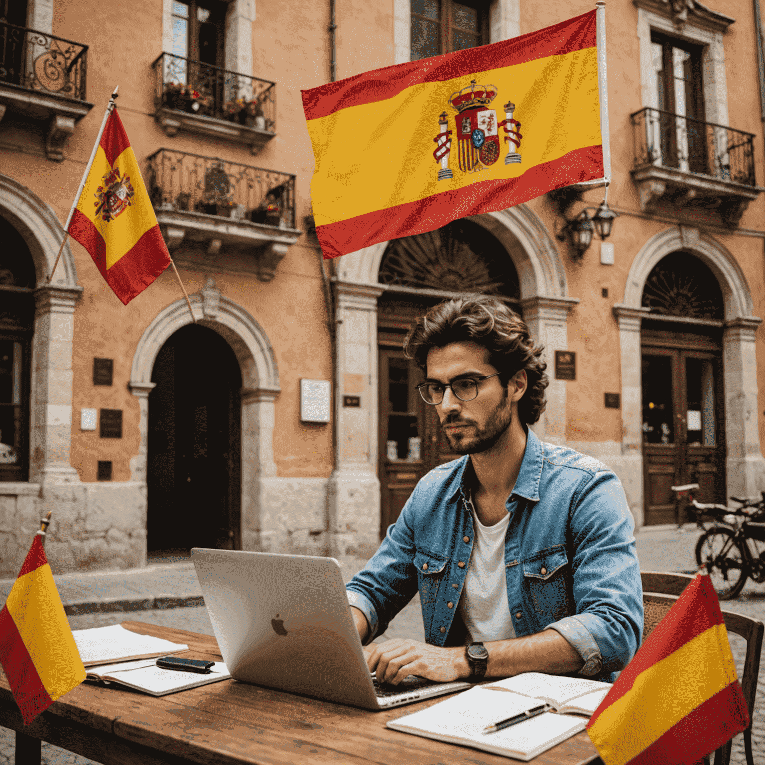 Imagen de un blogger trabajando con la bandera española y elementos culturales españoles de fondo